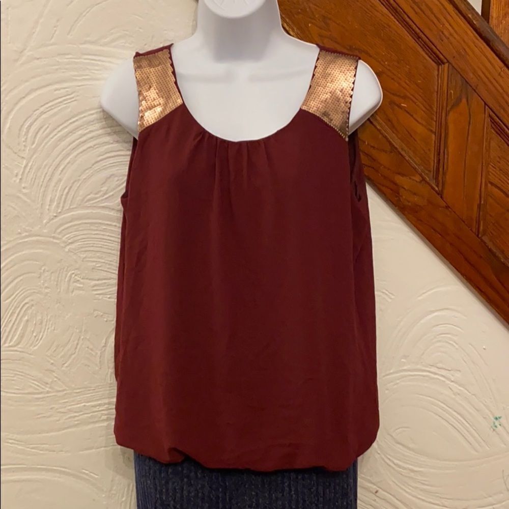LOFT Blouse Women Burgundy Sequin Shoulder Bubble‎ Hem Medium